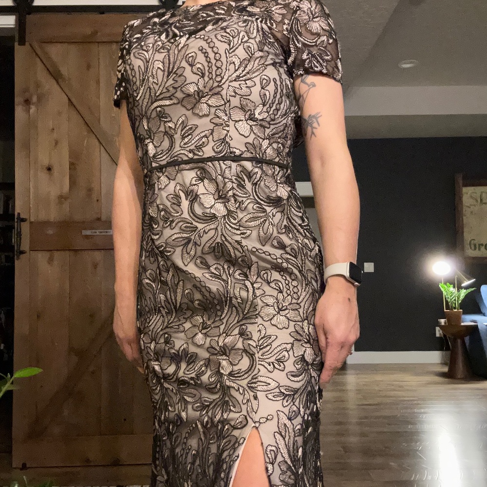 Pink and black lace full-length gown with leg slit